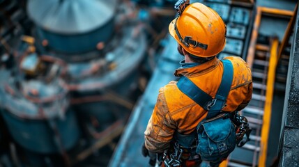 Fototapete - A mining worker clad in safety gear stands atop a platform, surveying a busy extraction site with machinery and processing equipment designed for cement and glass fabrication