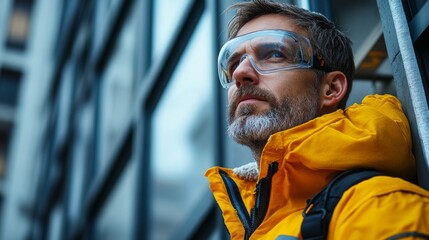 Poster - Professional in safety goggles and bright jacket reflects on the upcoming phases of construction in a bustling urban area, emphasizing the importance of safety in development.