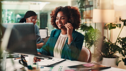 Aufkleber - Call center, contact us and laptop with black woman in office for assistance, consulting or help. Computer, customer service and support with happy virtual assistant at work for crm or sales feedback