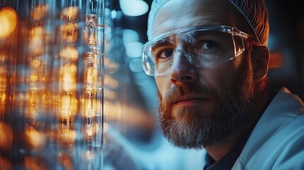 Poster - Researcher analyzes mineral samples within a high tech facility focused on metallurgy and construction materials such as cement and glass fabrication.