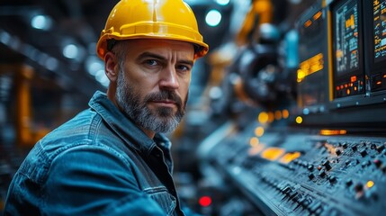 Aufkleber - A skilled operator in a yellow hard hat focuses on equipment in a high tech mining facility. The environment is filled with advanced machinery and control panels, reflecting the extraction process.