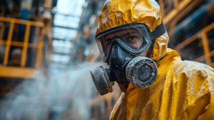 Fototapete - A worker equipped with a yellow protective suit and a respirator operates in a mining and excavation area filled with dust and heavy machinery, focused on safety and productivity.