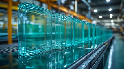 Aufkleber - In a well lit industrial facility, transparent glass blocks are meticulously arranged on a conveyor belt, showcasing the advanced fabrication processes used for construction and architecture.