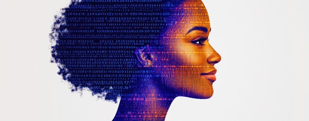 Leinwandbilder - A woman's profile is overlaid with digital code, symbolizing technology and human connection.