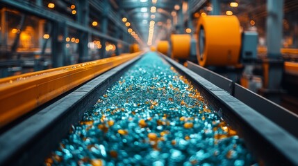 Poster - Conveyor belt transports vibrant blue crushed glass through an advanced production facility designed for glass fabrication and other construction materials, showcasing modern industrial processes.