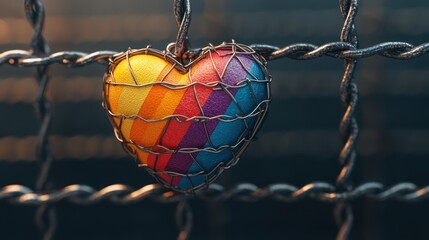 Leinwandbilder - A vibrant rainbow heart encased in wire mesh hangs on a dark metal fence.