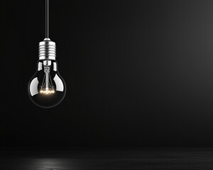 Poster - A single illuminated lightbulb hangs from a cord against a stark black background, creating a minimalist design.