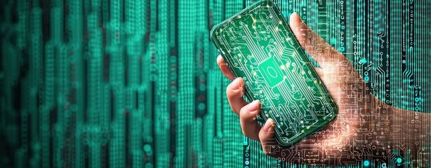 Leinwandbilder - A hand holds a smartphone displaying a circuit board against a digital binary code background.