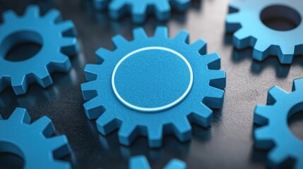 Fototapete - A close-up shot reveals detailed blue cogs and gears interlocked on a dark surface, suggesting teamwork and precision.