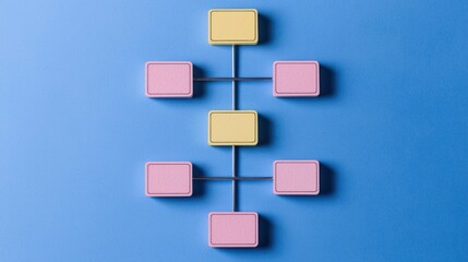 Aufkleber - A simple flowchart diagram shows a hierarchical structure with pastel pink and yellow blocks on a blue background.