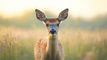 Aufkleber - A young deer fawn stands in a field of tall grass at sunrise, looking directly at the camera. Soft, warm light bathes the scene