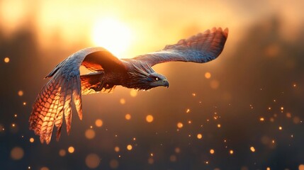 Aufkleber - Majestic eagle in flight at sunset, golden light illuminating its wings against a bokeh background