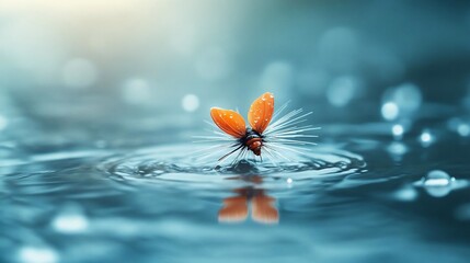 Aufkleber - Orange insect with translucent wings landing on calm teal water, creating ripples. Soft, diffused sunlight. Detailed macro shot