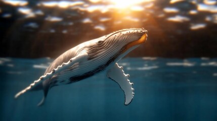 Poster - Pixel art humpback whale swimming underwater during a vibrant sunset.  Ocean water is teal and sunlight creates a warm glow