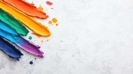 Poster - Vibrant rainbow paint strokes create an artistic abstract design on a textured white background perfect for design projects.
