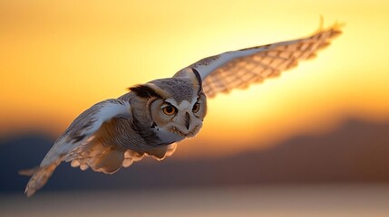 Aufkleber - Majestic great horned owl in flight at sunset, wings outstretched, warm golden light, blurred mountain background
