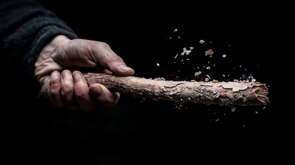 Poster - Close-up of a weathered hand holding a crumbling, light-pink stick against a black background.  Particles are disintegrating from the stick