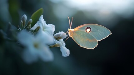 Poster - Close-up of a pale green butterfly with translucent wings perched on delicate white flowers at sunset. Soft, warm light illuminates the scene, creating a serene and peaceful atmosphere