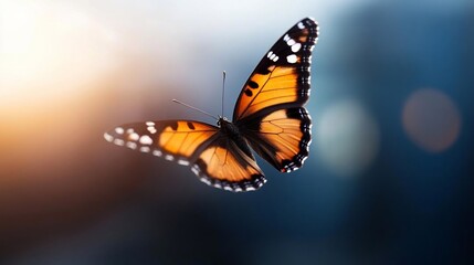 Aufkleber - A vibrant orange and black butterfly in flight against a soft-focus background of warm sunset hues and cool teal tones. The butterfly's wings are detailed, and the bokeh effect adds depth