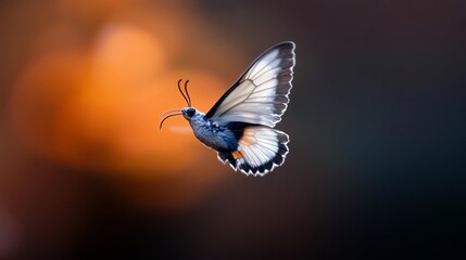 Aufkleber - A detailed close-up of a butterfly in flight against a blurred, warm-toned background. The butterfly's wings are predominantly white and black, with orange accents. The image is sharply focused on