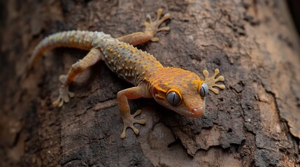 Aufkleber - Close-up of a small gecko with orange and gray markings on rough brown bark.  The gecko's large eyes are visible