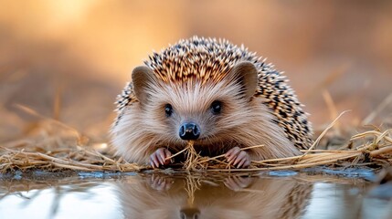 Aufkleber - Close-up of a hedgehog by a puddle, warm sunset lighting, soft focus background
