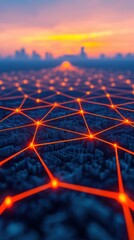 Aufkleber - A futuristic cityscape at sunset is illuminated by a vibrant network of glowing connections and nodes.