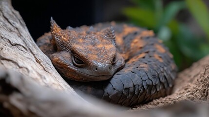 Aufkleber - Close-up of a brown and black lizard curled up on a piece of wood, resting in a natural setting. The lizard's textured skin and horns are visible