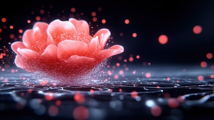 Aufkleber - A luminous red rose blossoms digitally on a dark shimme grid with glowing particles.