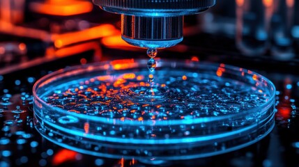 Poster - A close-up shot reveals a drop of liquid falling into a petri dish du a scientific experiment.
