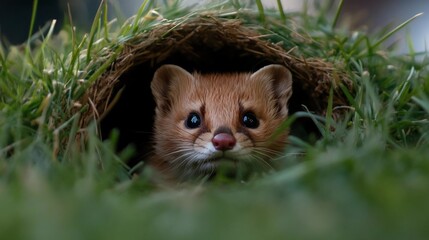 Poster - A small, reddish-brown animal with dark eyes peeks from a grassy burrow.  The creature's face is the focal point, surrounded by lush green grass. Soft, natural light illuminates the scene