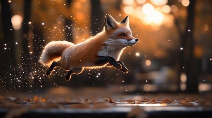 Aufkleber - Red fox leaping through autumn leaves, backlit by warm sunset light.  Sparkling particles surround it, creating a magical atmosphere.  The background is blurred, focusing attention on the fox