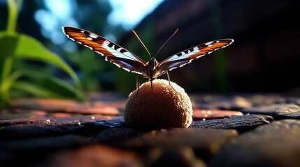 Poster - Close-up of a brown and white butterfly with open wings perched atop a small, round, light brown sphere on a dark, textured surface. Backlit by warm sunlight