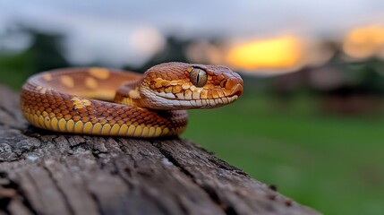 Aufkleber - Close-up of a brown and yellow snake coiled on dark wood at sunset, with blurred green grass and a warm-toned sky in the background