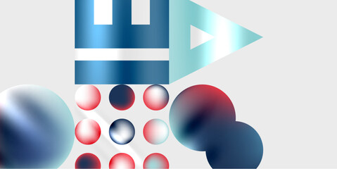 Fototapete - Abstract composition. Blue, red, white spheres, rectangles, triangle. Gradient effects, modern design, simple shapes. Minimalist aesthetic, clean lines.