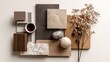 © Khawla - A flat lay of interior design material samples including marble, wood, and stone in neutral and earthy tones, minimalist photography, trending on Pinterest