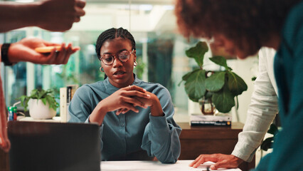 Poster - Collaboration, meeting and proposal with business people in office for ideas, pitch or planning. Brainstorming, laptop and listening with employee team in workplace for discussion or strategy
