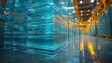 Poster - Stacks of polished glass panels are arranged for easy access at a cutting edge fabrication facility. The environment is organized for efficient handling in construction projects.