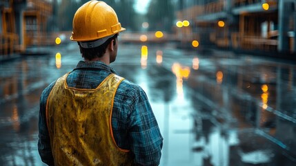 Aufkleber - A worker wearing a hard hat and safety gear stands on a wet construction site in an urban area, observing the surroundings as dusk approaches and artificial lights start to illuminate the area.