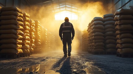 Poster - A laborer walks through a cement storage area illuminated by soft light, surrounded by piles of yellow bags resting on wooden pallets in a dusty environment.