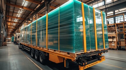 Poster - A large truck loaded with stacked glass panels is parked inside a spacious warehouse, showcasing a busy industrial operation focused on construction materials. Workers can be seen in the background.