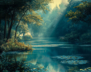 Wall Mural - A serene and peaceful scene of a river with trees in the background
