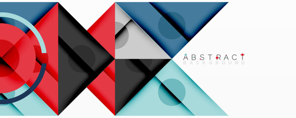 Fototapete - Geometric shapes, vibrant colors, modern design. Overlapping triangles, circles create dynamic composition. Blue, red, gray tones dominate. Abstract background.