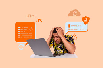Creative full art collage of shocked businessman hold laptop freelance problem decoding hacker html cloud programming fail