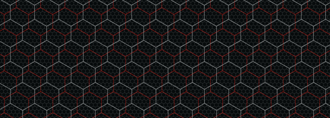 Wall Mural - dark grey abstract wide horizontal banner with hexagon carbon fiber grid and orange luminous lines. 