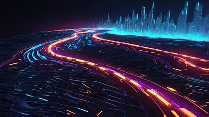 A futuristic, curving digital road composed of glowing blue binary code on a dark background