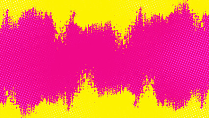 Wall Mural - pink background with yellow brushstrokes on top and bottom with non-distinctive halftone dots.