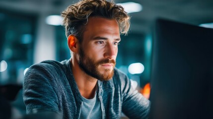 A focused man with a beard works intently on his computer in a modern office setting, illuminated by soft lighting.