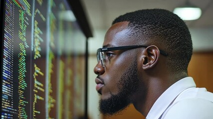 Focused man with glasses analyzes lines of computer code on a large screen, carefully studying data patterns in bright green and yellow tones.