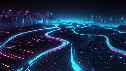 A futuristic, curving digital road composed of glowing blue binary code on a dark background
